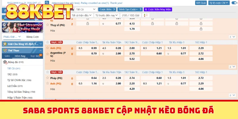 Saba Sports 88KBET cập nhật kèo bóng đá